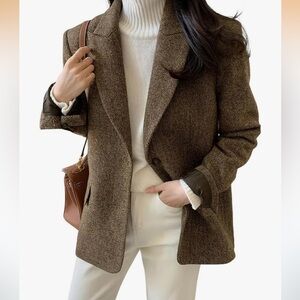 Women's Brown Herringbone Single-Button Blazer